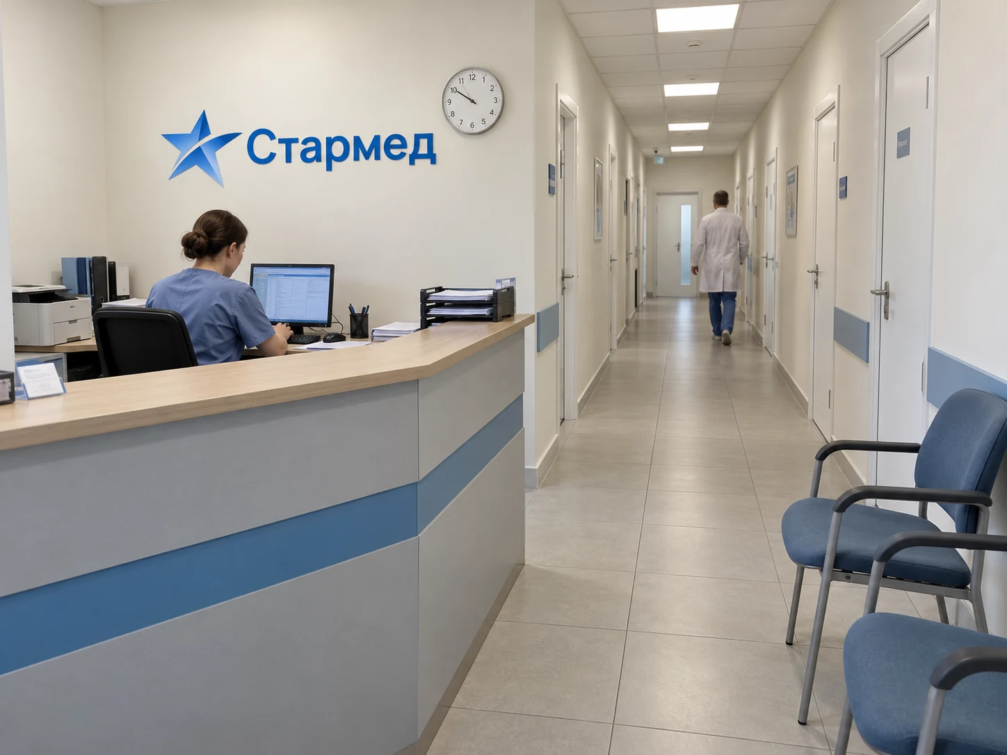 Стойка регистрации, места ожидания и коридор с кабинетами